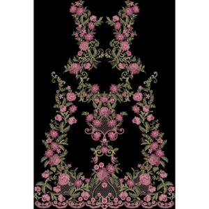 Luxury Embroidered Floral Panel with Symmetrical Rose Vines on Black Background