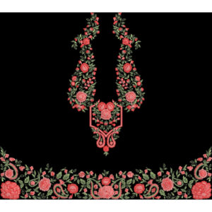 Embroidered Rose Necklace Panel with Floral Border on Black Background