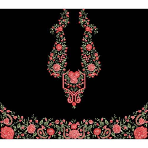 Embroidered Rose Necklace Panel with Floral Border on Black Background