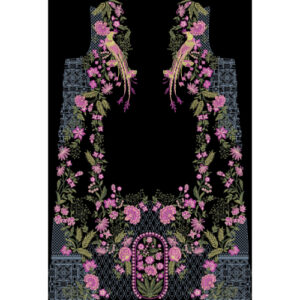 Luxury Embroidered Floral Neckline Panel with Ornamental Detailing on Black Background