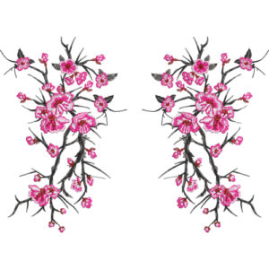 Embroidered Cherry Blossom Branch Motif with Pink Floral Accents