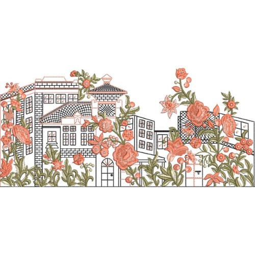 Embroidered Floral Architectural Border with Garden House Motifs