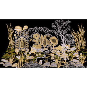 Embroidered Scenic Landscape Border with Garden Pavilion and Nature Motifs