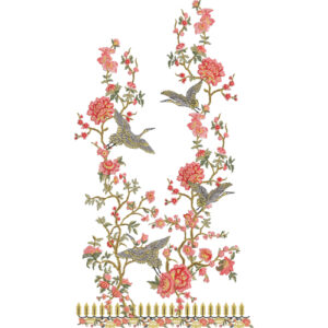 Embroidered Floral Vine Panel with Flying Birds and Rose Blossoms