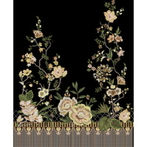 Elegant Embroidered Floral Border with Golden Blossoms on Black Background