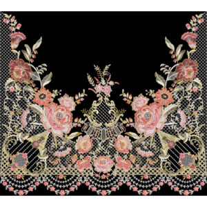 Luxury Embroidered Floral Border with Ornamental Mesh and Rose Motifs