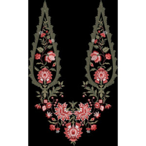 Embroidered Floral Neckline Motif with Elegant Leafy Panels on Black Background