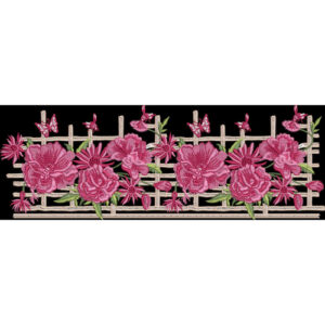 Embroidered Floral Lattice Border with Pink Rose Blossoms