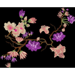 Embroidered Floral Branch Motif with Multicolor Blossoms on Black Background