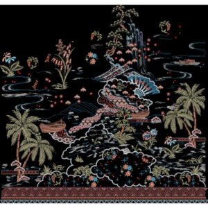 Embroidered Scenic Landscape Border with Waterfall, Boats, and Botanical Elements