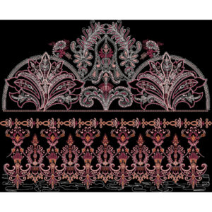 Embroidered Ornamental Border with Regal Floral Crest and Classic Motifs