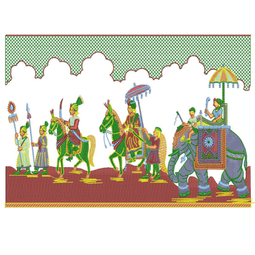 Embroidered Royal Procession Scene with Elephant, Horses, and Traditional Attendants