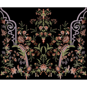 Embroidered Symmetrical Floral Panel with Ornamental Curved Borders
