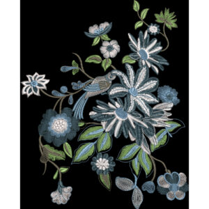 Blue and White Floral Embroidered Motif with Delicate Leaves