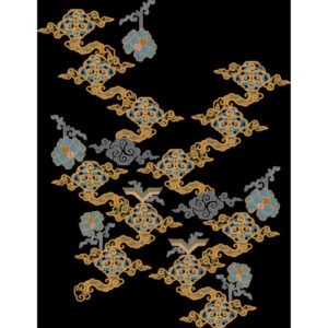 Ornamental Golden Cloud and Floral Motif Textile Print on Black Background