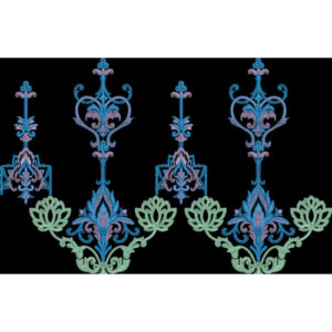 Elegant Blue and Green Ornamental Motif Textile Print on Black Background