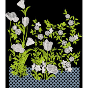Elegant White Floral Embroidery Style Textile Print with Green Leaves on Black Background