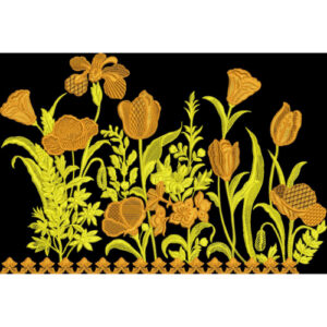 Golden Yellow Floral Embroidery Style Textile Print on Black Background