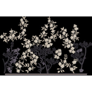 Elegant Ivory and Grey Floral Embroidery Style Border Textile Print on Black Background