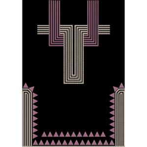 Geometric Embroidery Style Border Textile Print with Pink and Beige Accents on Black Background