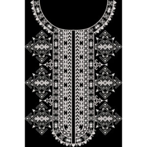 Monochrome Geometric Embroidery Style Neckline Textile Print on Black Background