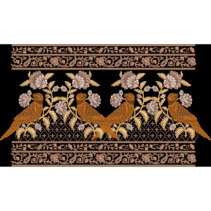 Elegant Bird and Floral Embroidery Style Border Textile Print on Black Background
