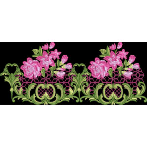 Pink Floral and Green Ornamental Border Embroidery Style Textile Print on Black Background