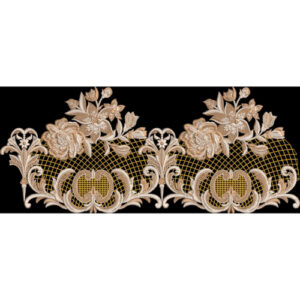 Beige Floral and Ornamental Lattice Border Embroidery Style Textile Print on Black Background