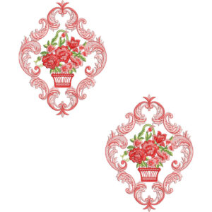 Red Floral Vase Motif with Ornamental Frame Embroidery Style Textile Print
