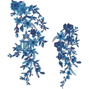 Blue Floral and Pagoda Motif Embroidery Style Textile Print Design