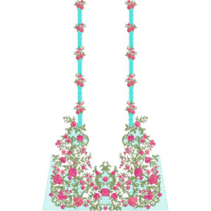 Floral Embroidery Style Neckline Panel Textile Print with Pink Roses and Blue Accents
