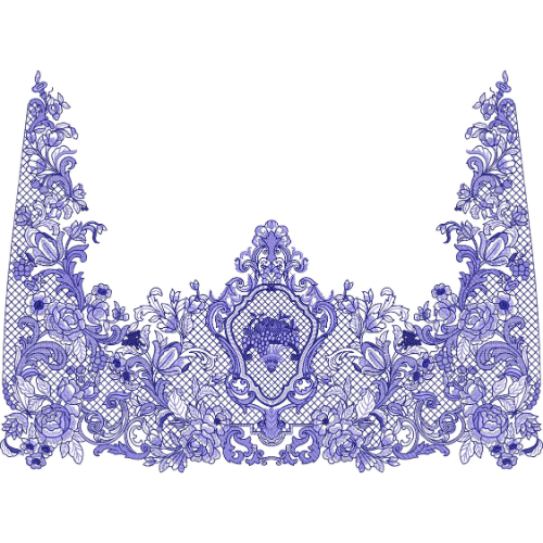 Ornate Blue Floral and Scrollwork Embroidery Style Neckline Textile Print Design