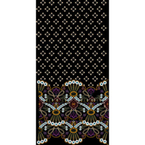Geometric Mini Motif and Ornamental Floral Border Textile Print on Black Background