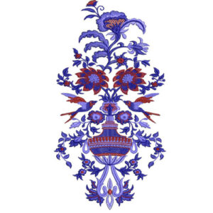 Blue and Red Floral Vase Embroidery Style Textile Motif Design