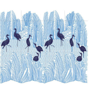 Blue Heron and Reed Landscape Embroidery Style Textile Print Design