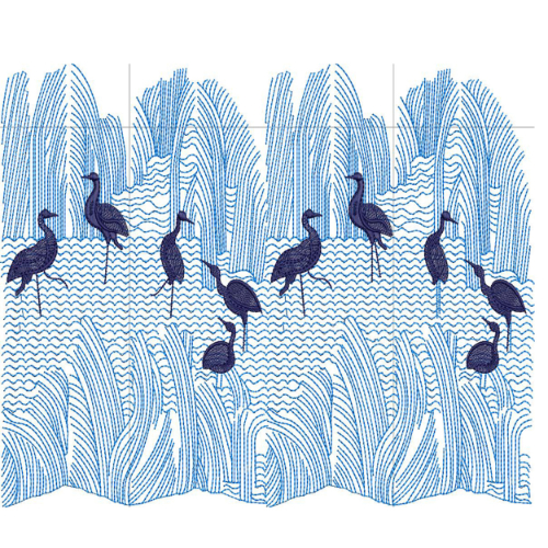 Blue Heron and Reed Landscape Embroidery Style Textile Print Design