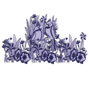 Blue Bird and Floral Garden Embroidery Style Border Textile Print