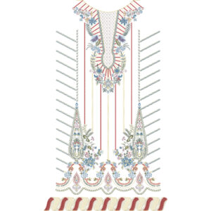 Elegant Multicolor Floral Embroidery Style Neckline and Panel Textile Print Design