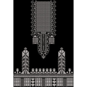 Monochrome Geometric Embroidery Style Neckline and Border Textile Print on Black Background