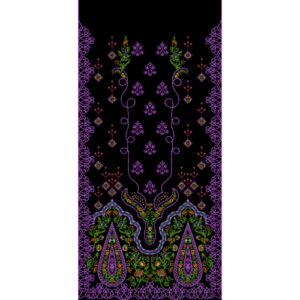 Vibrant Multicolor Ornamental Embroidery Style Garment Panel Textile Print on Black Background
