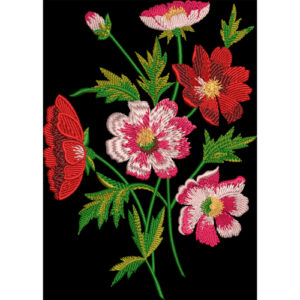 Red and Pink Floral Embroidery Style Botanical Textile Print on Black Background