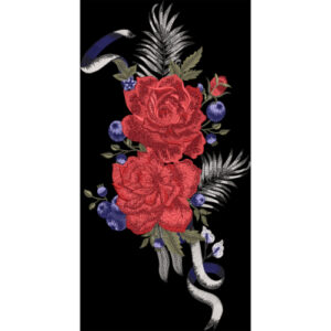 Red Rose Floral Embroidery Style Vertical Textile Print on Black Background