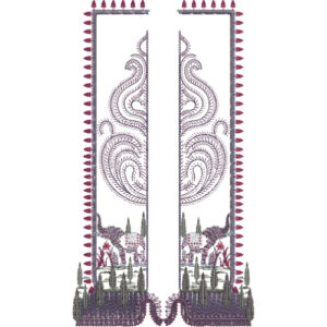 Architectural Paisley and Landscape Embroidery Style Panel Textile Print Design