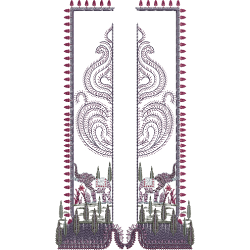 Architectural Paisley and Landscape Embroidery Style Panel Textile Print Design