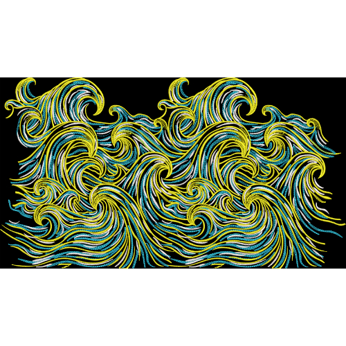 Abstract Wave Embroidery Style Border Textile Print in Yellow and Blue on Black Background