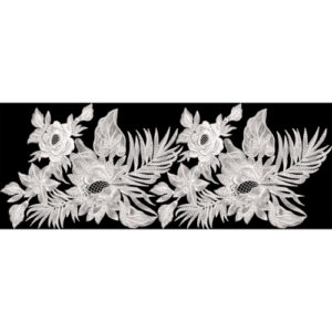 White Floral Embroidery Style Border Textile Print on Black Background