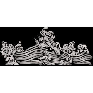 Monochrome Ocean Wave Embroidery Style Border Textile Print on Black Background