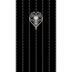 Monochrome Ornamental Heart Motif Vertical Stripe Textile Print on Black Background