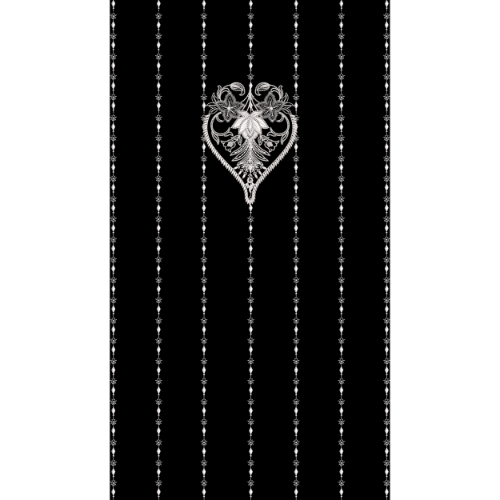 Monochrome Ornamental Heart Motif Vertical Stripe Textile Print on Black Background