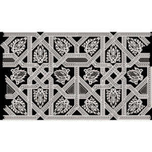 Monochrome Geometric and Leaf Motif Embroidery Style Textile Print on Black Background